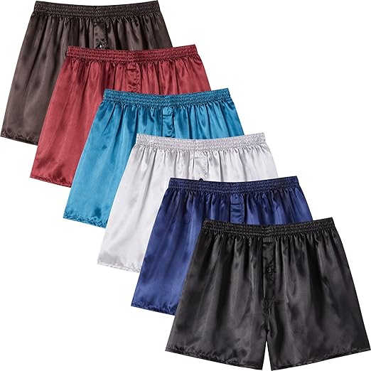 Mens Satin Boxer Shorts, Silk Feeling Sleep Shorts Underwear with Button Fly, Silky Pajama Bottoms 6 Pack