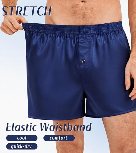 Mens Satin Boxer Shorts, Silk Feeling Sleep Shorts Underwear with Button Fly, Silky Pajama Bottoms 6 Pack