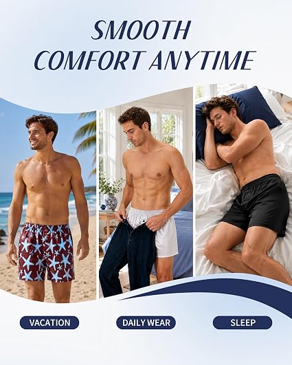 Mens Satin Boxer Shorts, Silk Feeling Sleep Shorts Underwear with Button Fly, Silky Pajama Bottoms 6 Pack